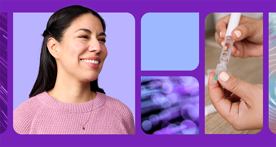 A woman smiles; next to that image is a series of abstract images; to the right of that is a person using a GLP-1 pen