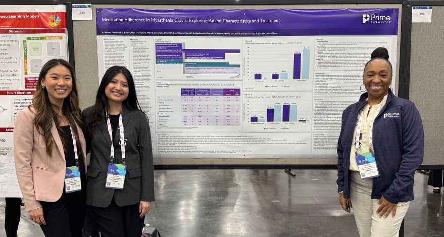 Alina Liang, PharmD, clinical pharmacist project director; Almina Gomez, PharmD, resident; and Andrea Henry, PharmD, MBA, BCPS, CSSBB, ACE, drug information principal, specialty,&nbsp;share research findings at AMCP Annual 2025.