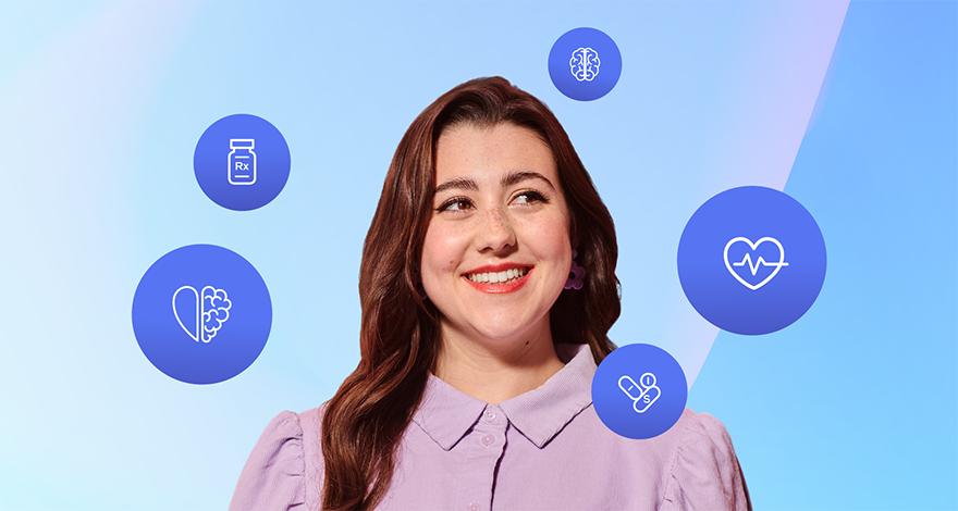 A woman smiles while icons of various health subjects float around her